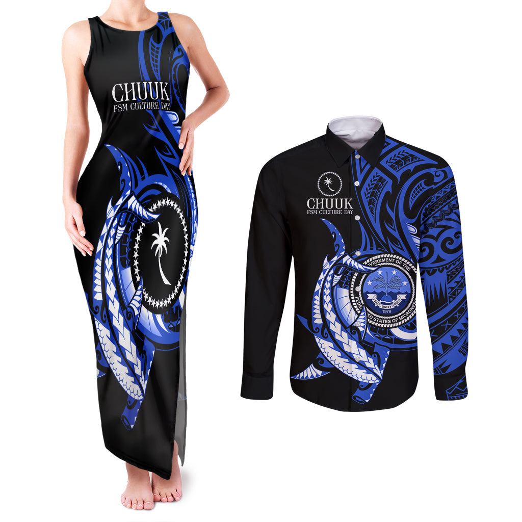 Personalised Chuuk FSM Culture Day Couples Matching Tank Maxi Dress and Long Sleeve Button Shirt Hammerhead Shark Tattoo 2024 LT9 Blue - Polynesian Pride