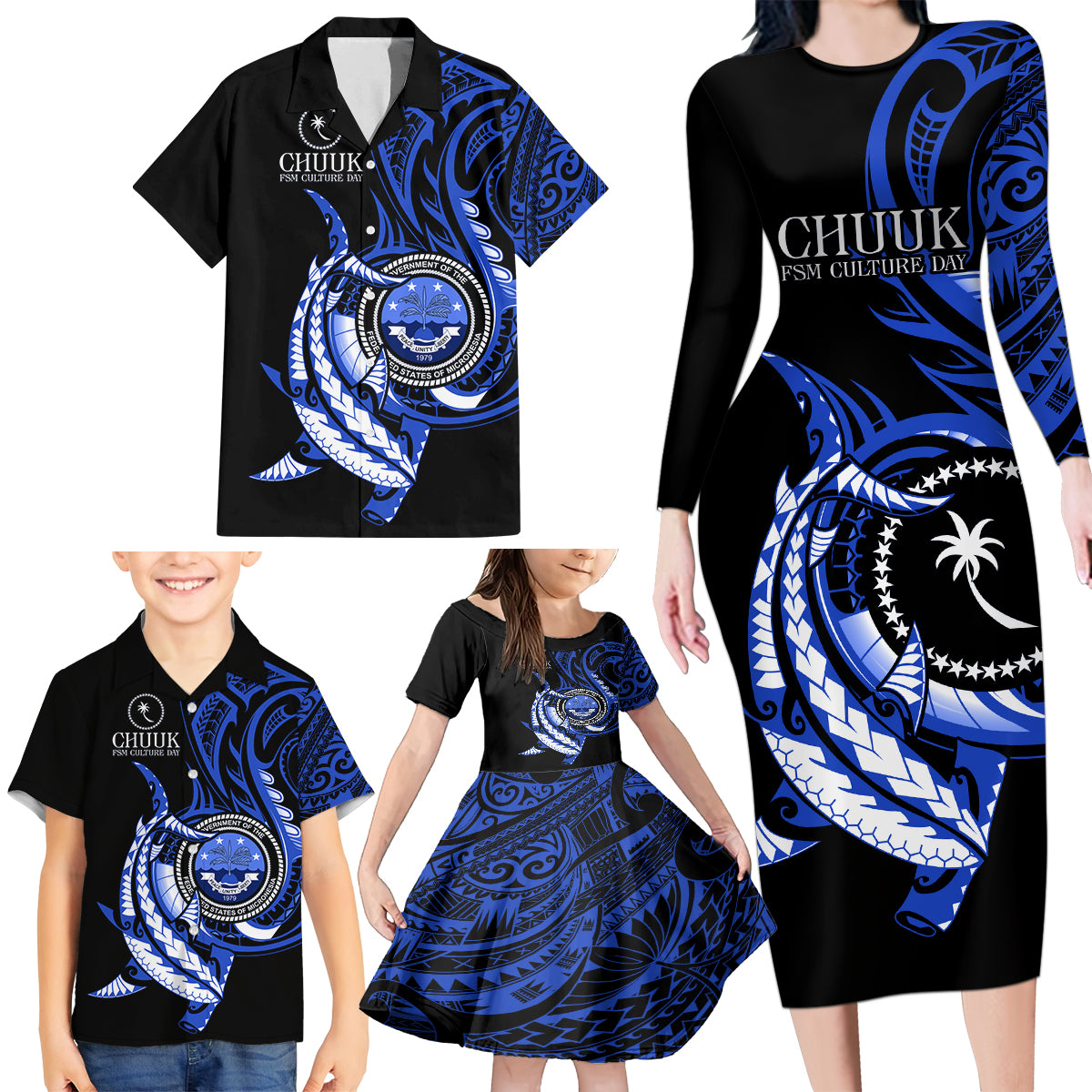 Personalised Chuuk FSM Culture Day Family Matching Long Sleeve Bodycon Dress and Hawaiian Shirt Hammerhead Shark Tattoo 2024 LT9 - Polynesian Pride