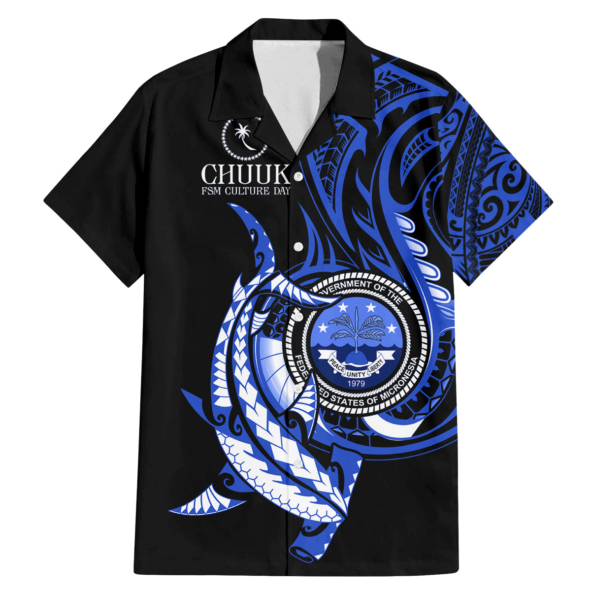 Personalised Chuuk FSM Culture Day Family Matching Mermaid Dress and Hawaiian Shirt Hammerhead Shark Tattoo 2024 LT9 Dad's Shirt - Short Sleeve Blue - Polynesian Pride