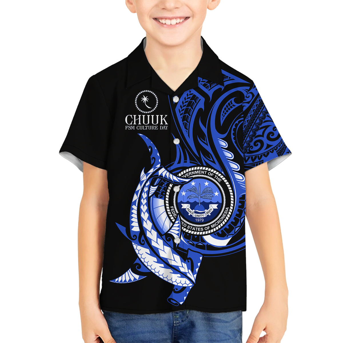 Personalised Chuuk FSM Culture Day Family Matching Off Shoulder Short Dress and Hawaiian Shirt Hammerhead Shark Tattoo 2024 LT9 Son's Shirt Blue - Polynesian Pride