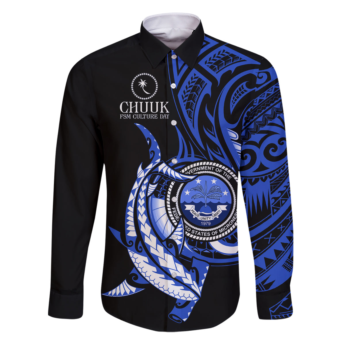 Personalised Chuuk FSM Culture Day Family Matching Puletasi and Hawaiian Shirt Hammerhead Shark Tattoo 2024 LT9 Dad's Shirt - Long Sleeve Blue - Polynesian Pride