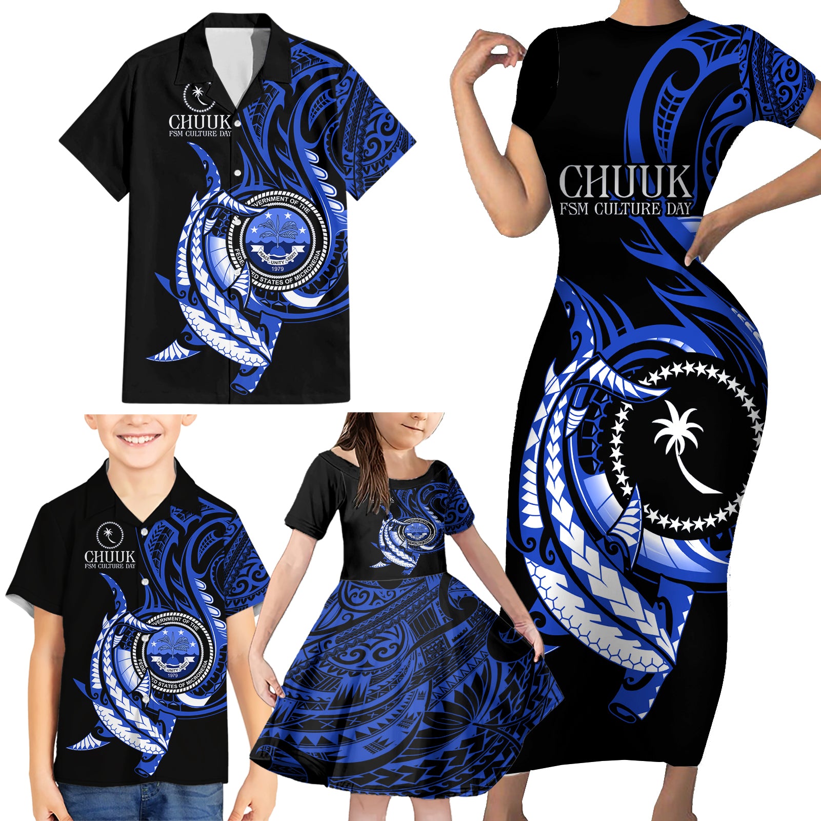 Personalised Chuuk FSM Culture Day Family Matching Short Sleeve Bodycon Dress and Hawaiian Shirt Hammerhead Shark Tattoo 2024 LT9 - Polynesian Pride