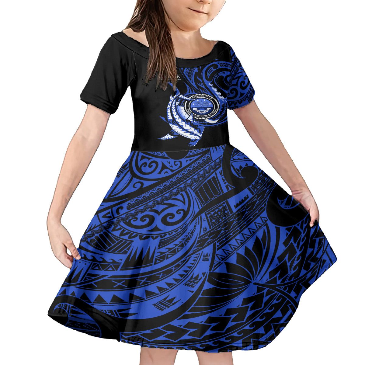 Personalised Chuuk FSM Culture Day Kid Short Sleeve Dress Hammerhead Shark Tattoo 2024 LT9 KID Blue - Polynesian Pride