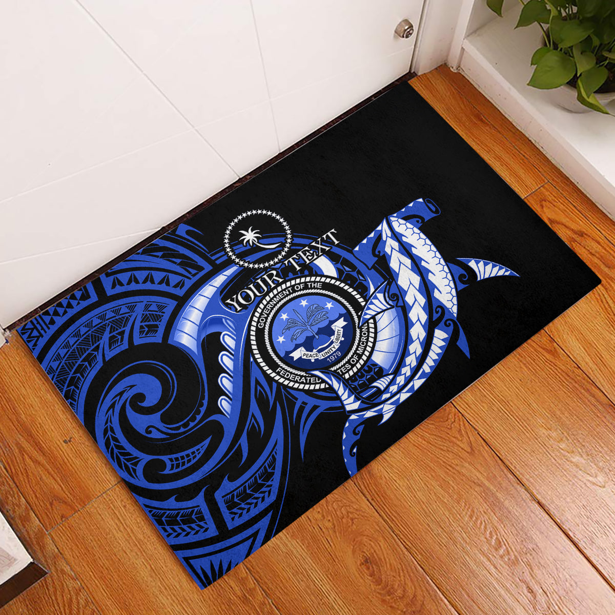 Personalised Chuuk FSM Culture Day Rubber Doormat Hammerhead Shark Tattoo 2024 LT9 Blue - Polynesian Pride