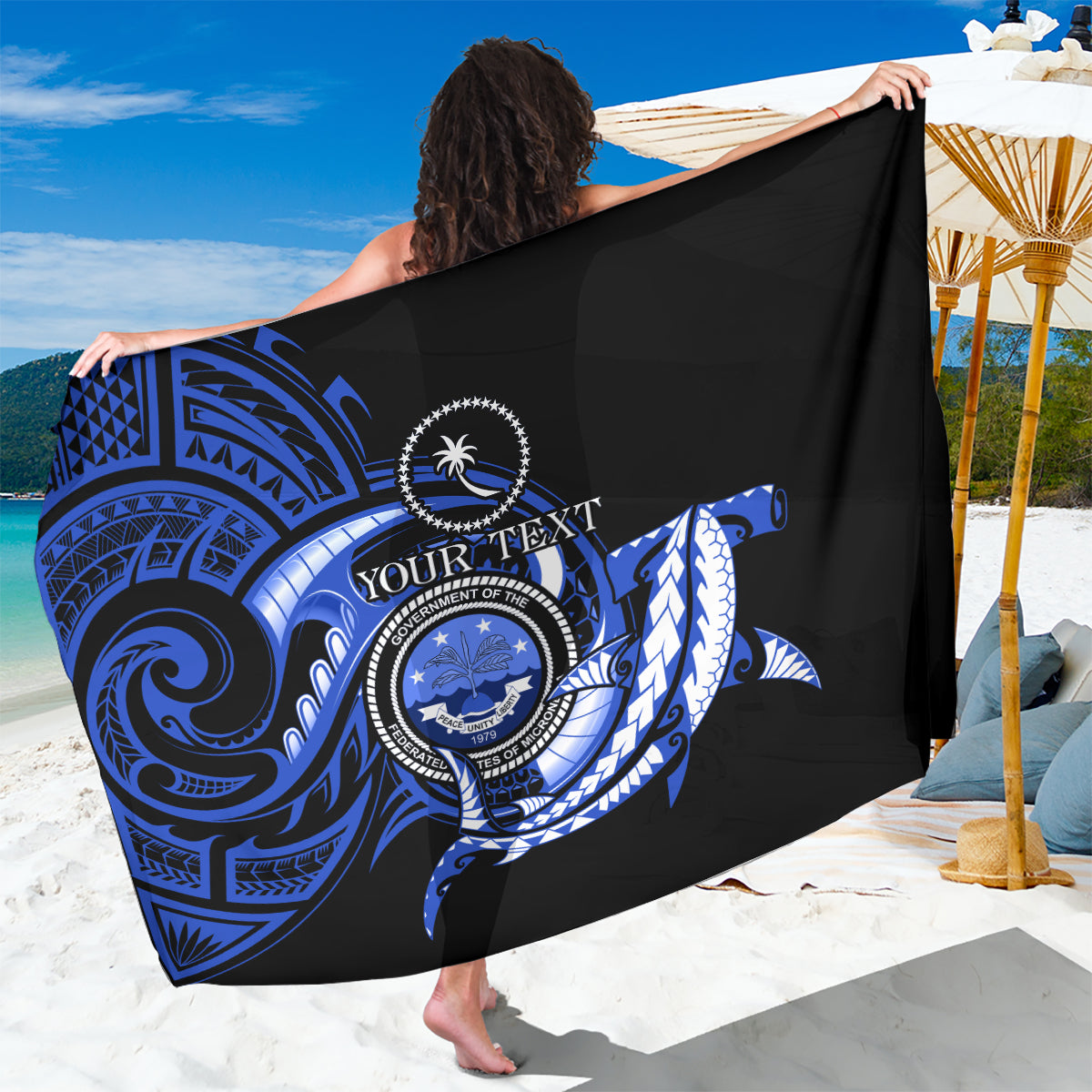 Personalised Chuuk FSM Culture Day Sarong Hammerhead Shark Tattoo 2024 LT9 One Size 44 x 66 inches Blue - Polynesian Pride