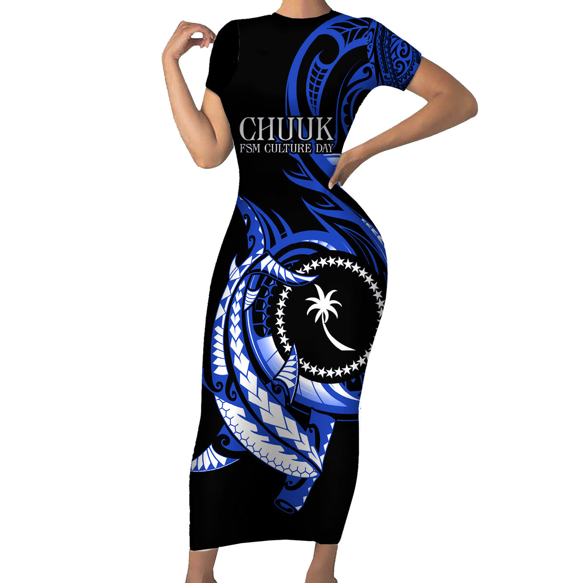 Personalised Chuuk FSM Culture Day Short Sleeve Bodycon Dress Hammerhead Shark Tattoo 2024 LT9 Long Dress Blue - Polynesian Pride