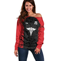 New Zealand Nurse RN 2026 Personalised Off Shoulder Sweater Red Maori Pattern Cultural Pride LT9 Women Red - Polynesian Pride
