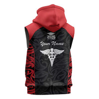 New Zealand Nurse RN 2026 Personalised Sleeveless Zip Hoodie Red Maori Pattern Cultural Pride