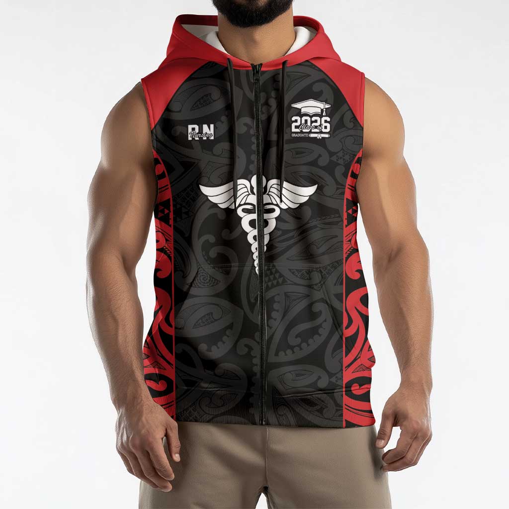 New Zealand Nurse RN 2026 Personalised Sleeveless Zip Hoodie Red Maori Pattern Cultural Pride