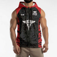 New Zealand Nurse RN 2026 Personalised Sleeveless Zip Hoodie Red Maori Pattern Cultural Pride