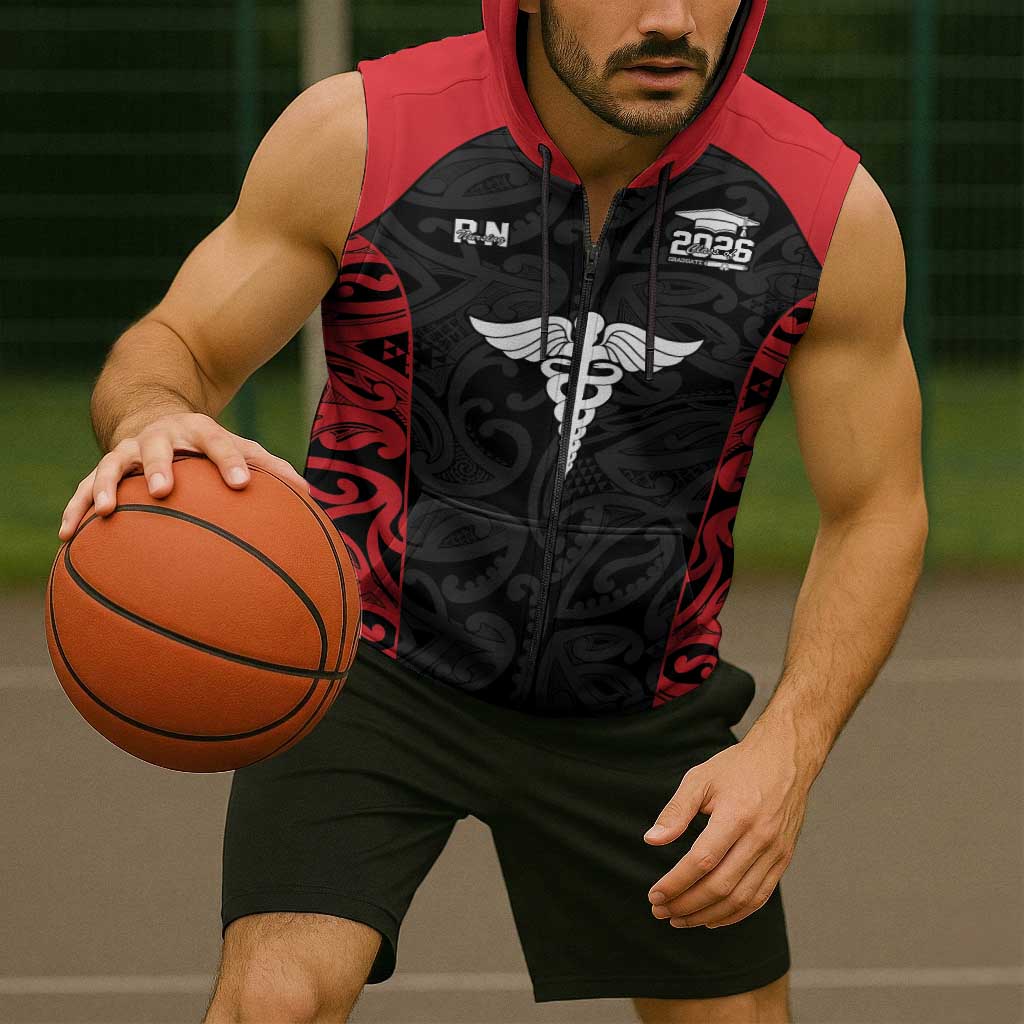 New Zealand Nurse RN 2026 Personalised Sleeveless Zip Hoodie Red Maori Pattern Cultural Pride