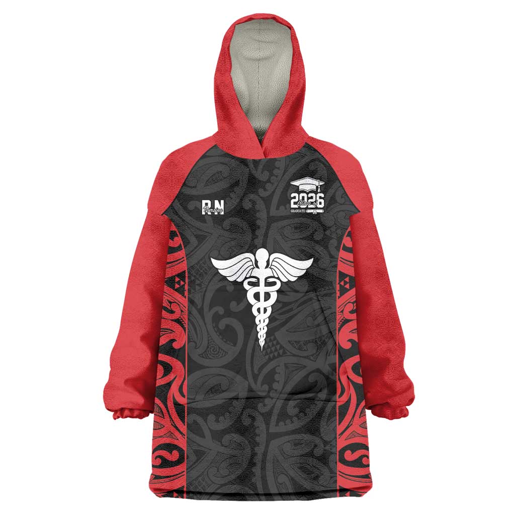 New Zealand Nurse RN 2026 Personalised Wearable Blanket Hoodie Red Maori Pattern Cultural Pride