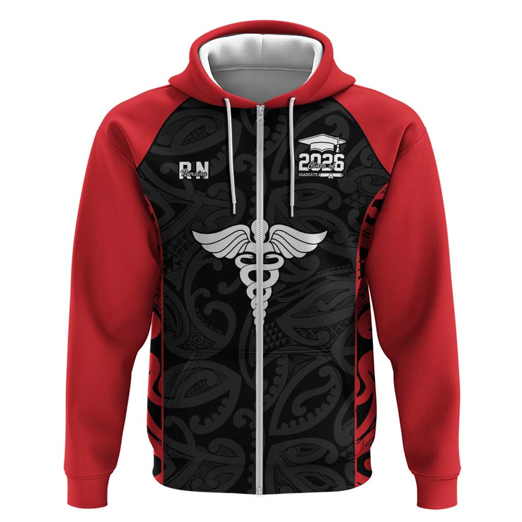 New Zealand Nurse RN 2026 Personalised Zip Hoodie Red Maori Pattern Cultural Pride LT9 Zip Hoodie Red - Polynesian Pride