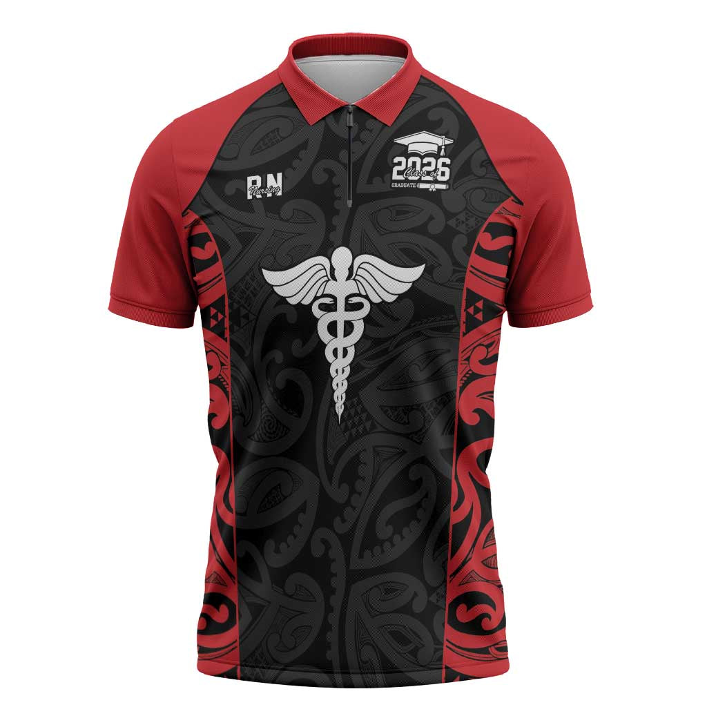 New Zealand Nurse RN 2026 Personalised Zipper Polo Shirt Red Maori Pattern Cultural Pride