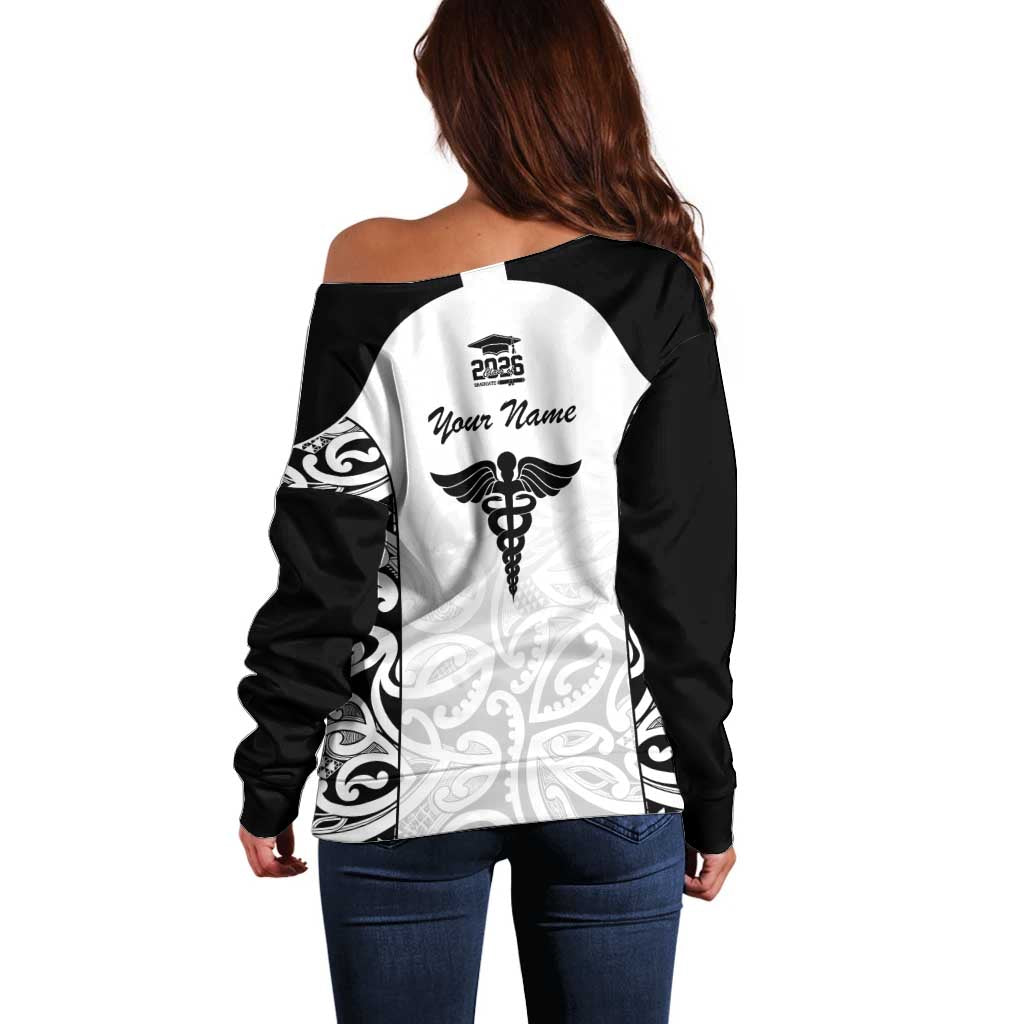 New Zealand Nurse RN 2026 Personalised Off Shoulder Sweater White Maori Pattern Cultural Pride