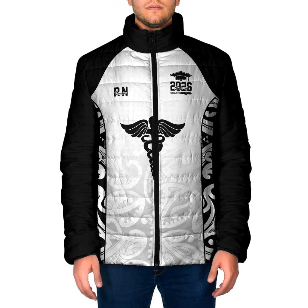 New Zealand Nurse RN 2026 Personalised Padded Jacket White Maori Pattern Cultural Pride