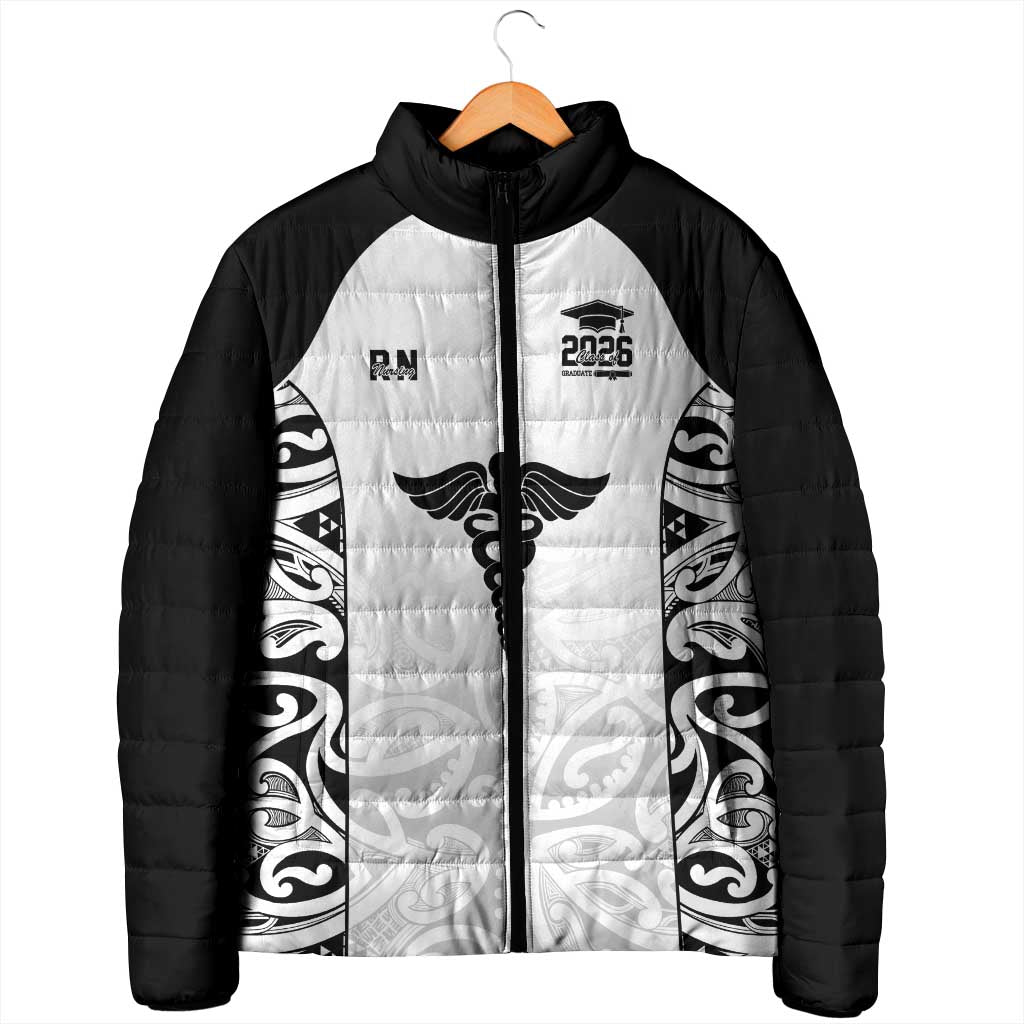 New Zealand Nurse RN 2026 Personalised Padded Jacket White Maori Pattern Cultural Pride