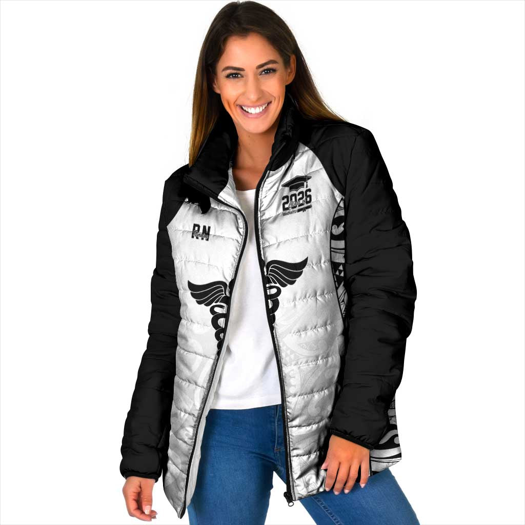 New Zealand Nurse RN 2026 Personalised Padded Jacket White Maori Pattern Cultural Pride