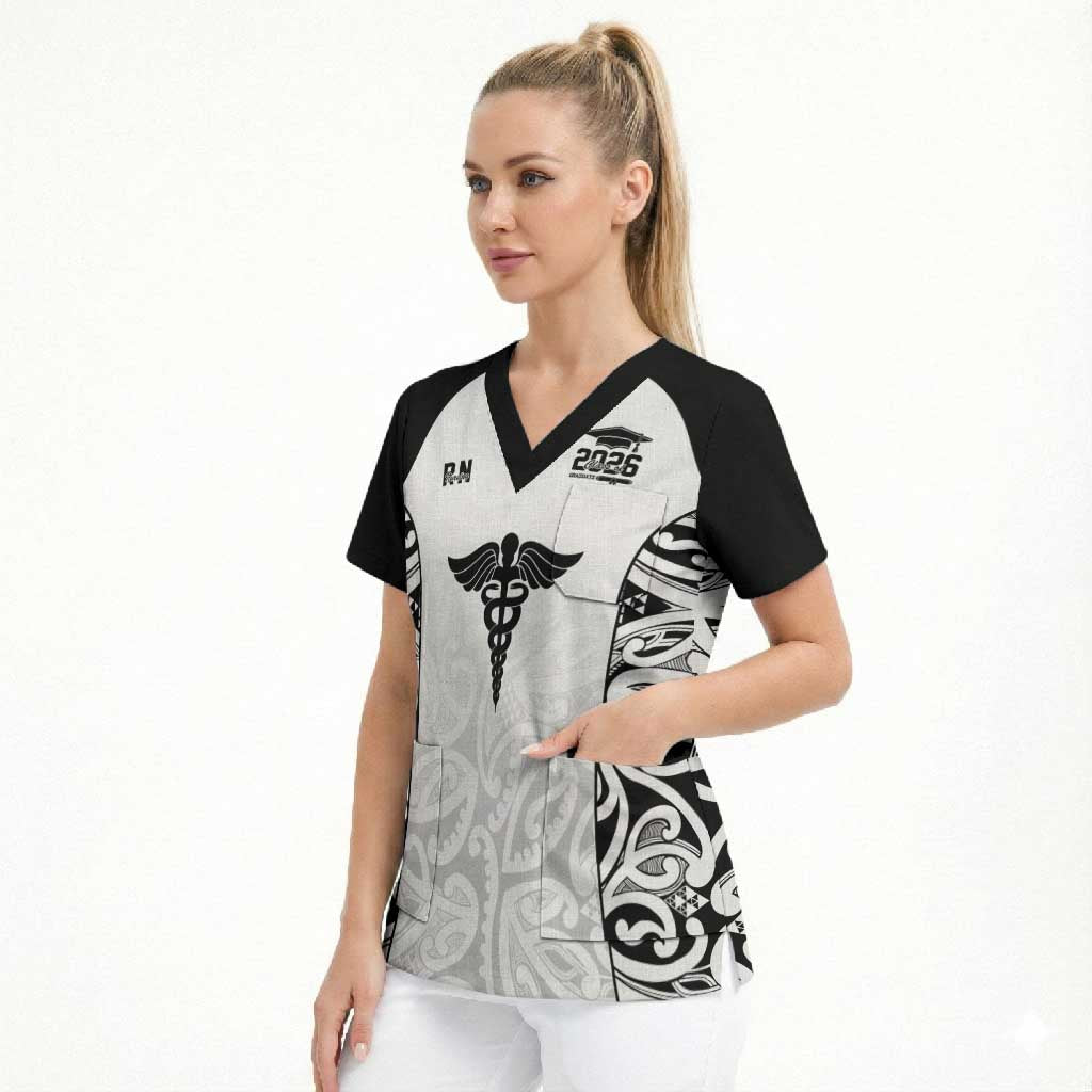 New Zealand Nurse RN 2026 Personalised Scrub Top White Maori Pattern Cultural Pride