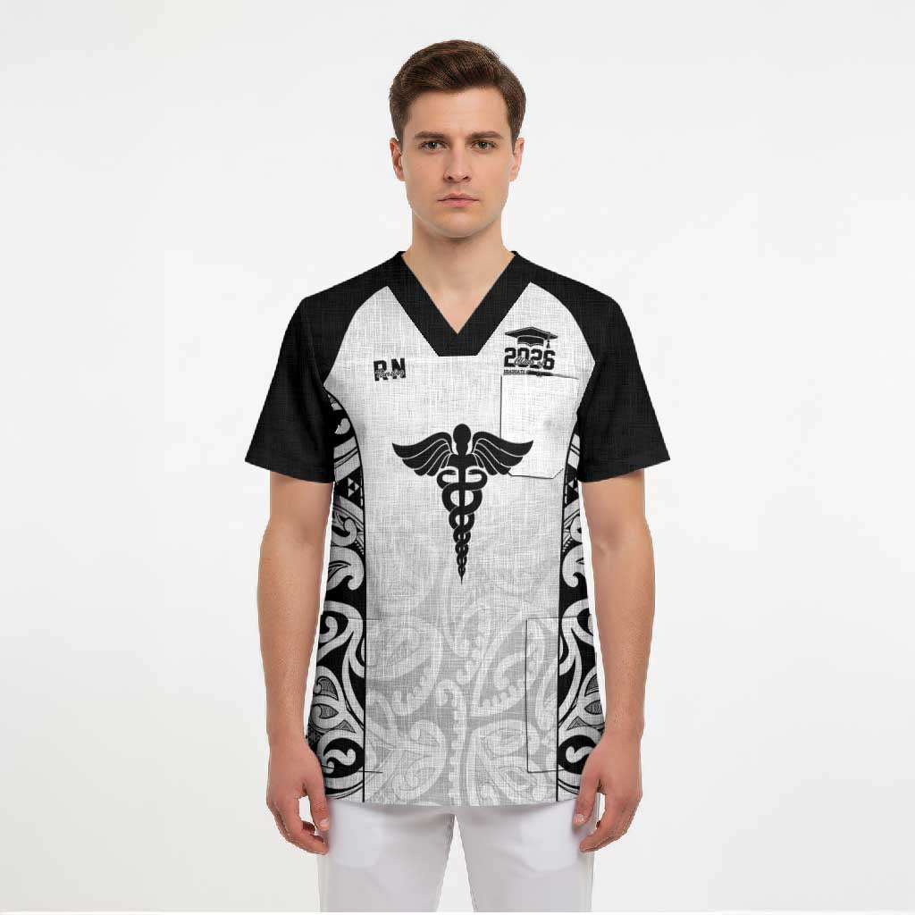 New Zealand Nurse RN 2026 Personalised Scrub Top White Maori Pattern Cultural Pride