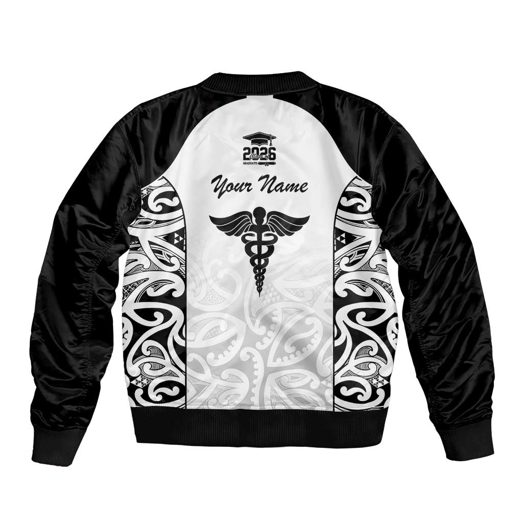 New Zealand Nurse RN 2026 Personalised Sleeve Zip Bomber Jacket White Maori Pattern Cultural Pride LT9 - Polynesian Pride