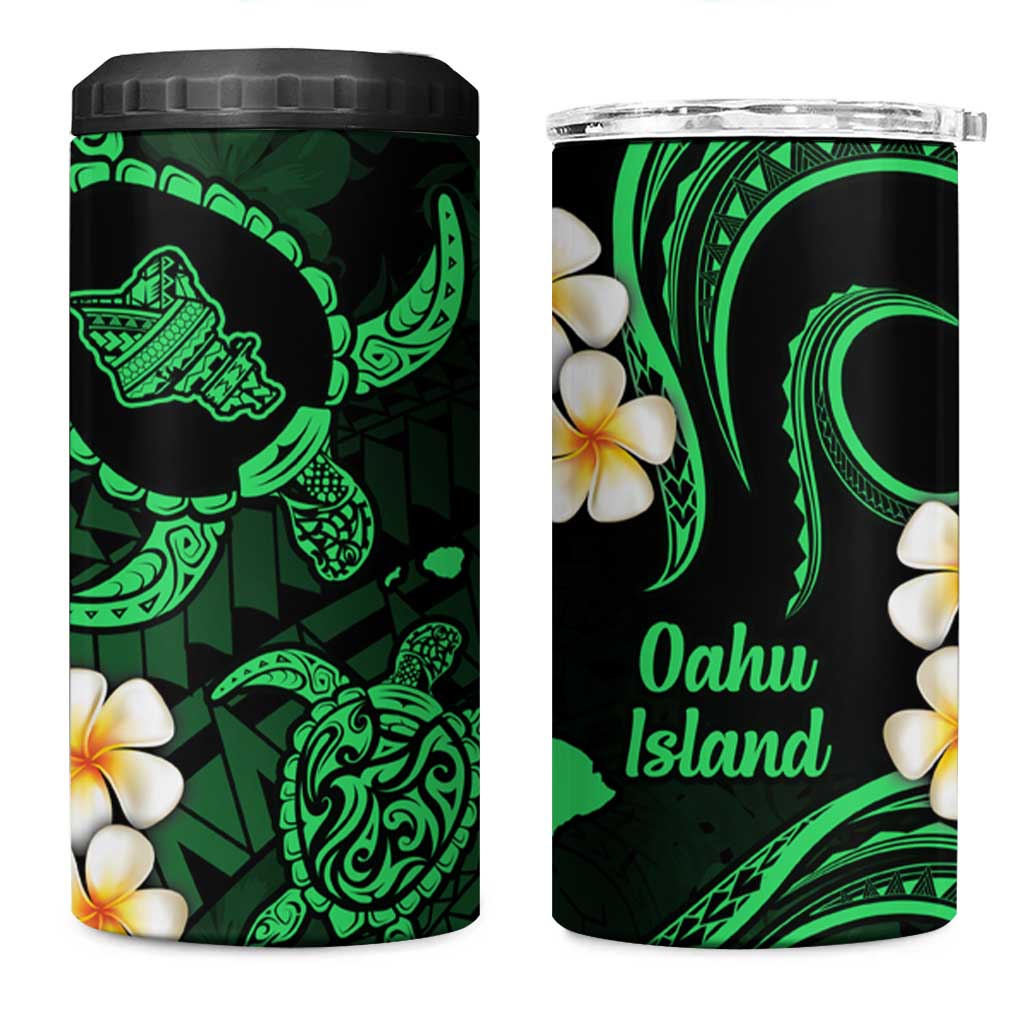 Hawaii Oahu Islands Pacific Plumeria 4 in 1 Can Cooler Tumbler Green Polynesian Tattoo