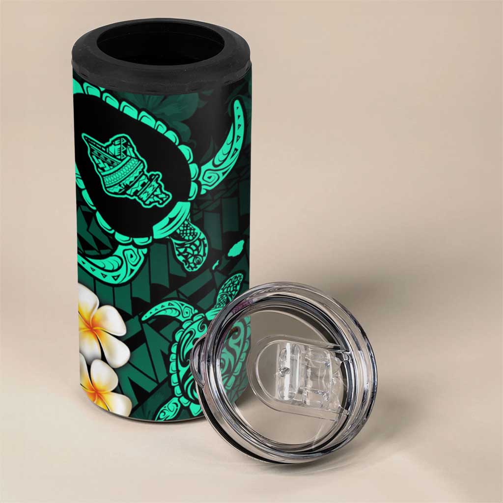 Hawaii Oahu Islands Pacific Plumeria 4 in 1 Can Cooler Tumbler Turquoise Polynesian Tattoo