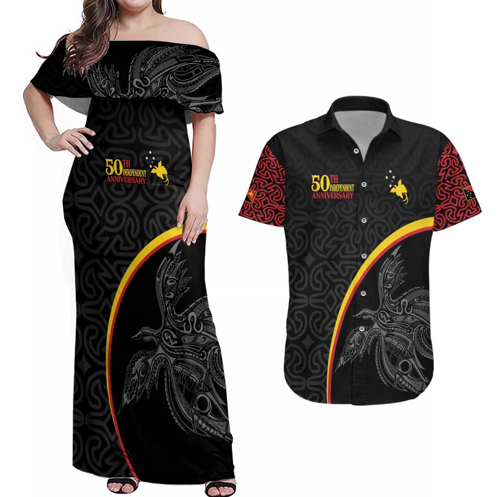 Papua New Guinea 50th Independence Day Couples Matching Off Shoulder Maxi Dress and Hawaiian Shirt Simple Oro Tapa Pattern LT9 Black - Polynesian Pride