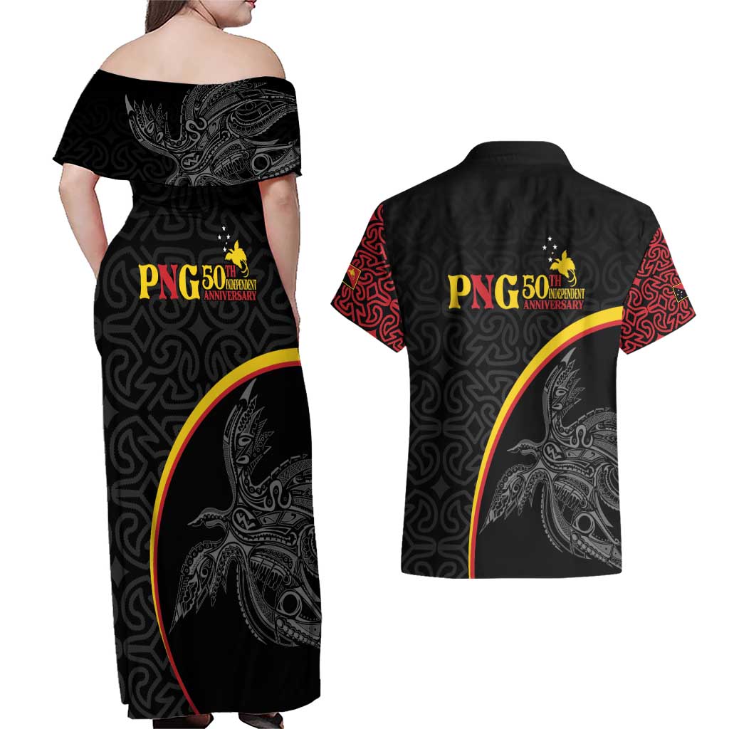 Papua New Guinea 50th Independence Day Couples Matching Off Shoulder Maxi Dress and Hawaiian Shirt Simple Oro Tapa Pattern LT9 - Polynesian Pride