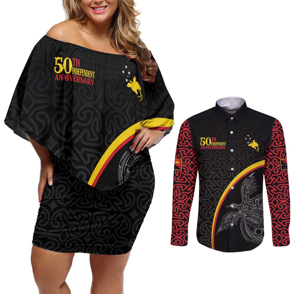 Papua New Guinea 50th Independence Day Couples Matching Off Shoulder Short Dress and Long Sleeve Button Shirt Simple Oro Tapa Pattern - Polynesian Pride