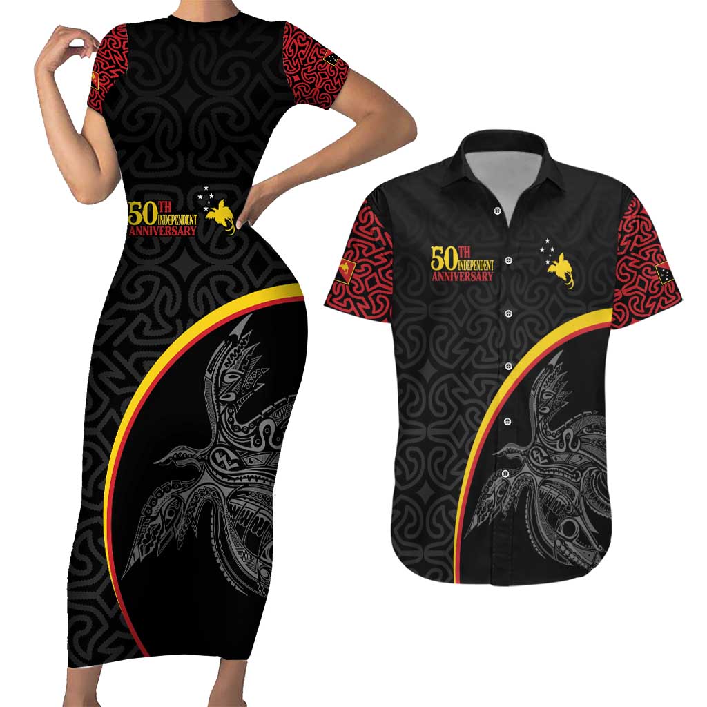 Papua New Guinea 50th Independence Day Couples Matching Short Sleeve Bodycon Dress and Hawaiian Shirt Simple Oro Tapa Pattern - Polynesian Pride