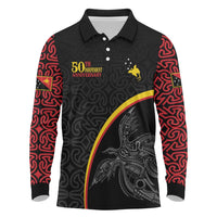 Papua New Guinea 50th Independence Day Long Sleeve Polo Shirt Simple Oro Tapa Pattern LT9 Black - Polynesian Pride