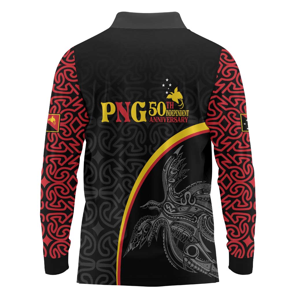 Papua New Guinea 50th Independence Day Long Sleeve Polo Shirt Simple Oro Tapa Pattern LT9 - Polynesian Pride