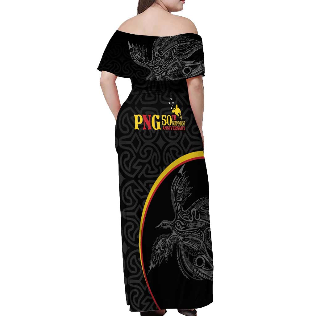 Papua New Guinea 50th Independence Day Off Shoulder Maxi Dress Simple Oro Tapa Pattern - Polynesian Pride