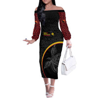 Papua New Guinea 50th Independence Day Off The Shoulder Long Sleeve Dress Simple Oro Tapa Pattern - Polynesian Pride