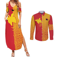 Papua New Guinea Oro Tapa Personalised Couples Matching Summer Maxi Dress and Long Sleeve Button Shirt Simple Bird of Paradise Style - Polynesian Pride