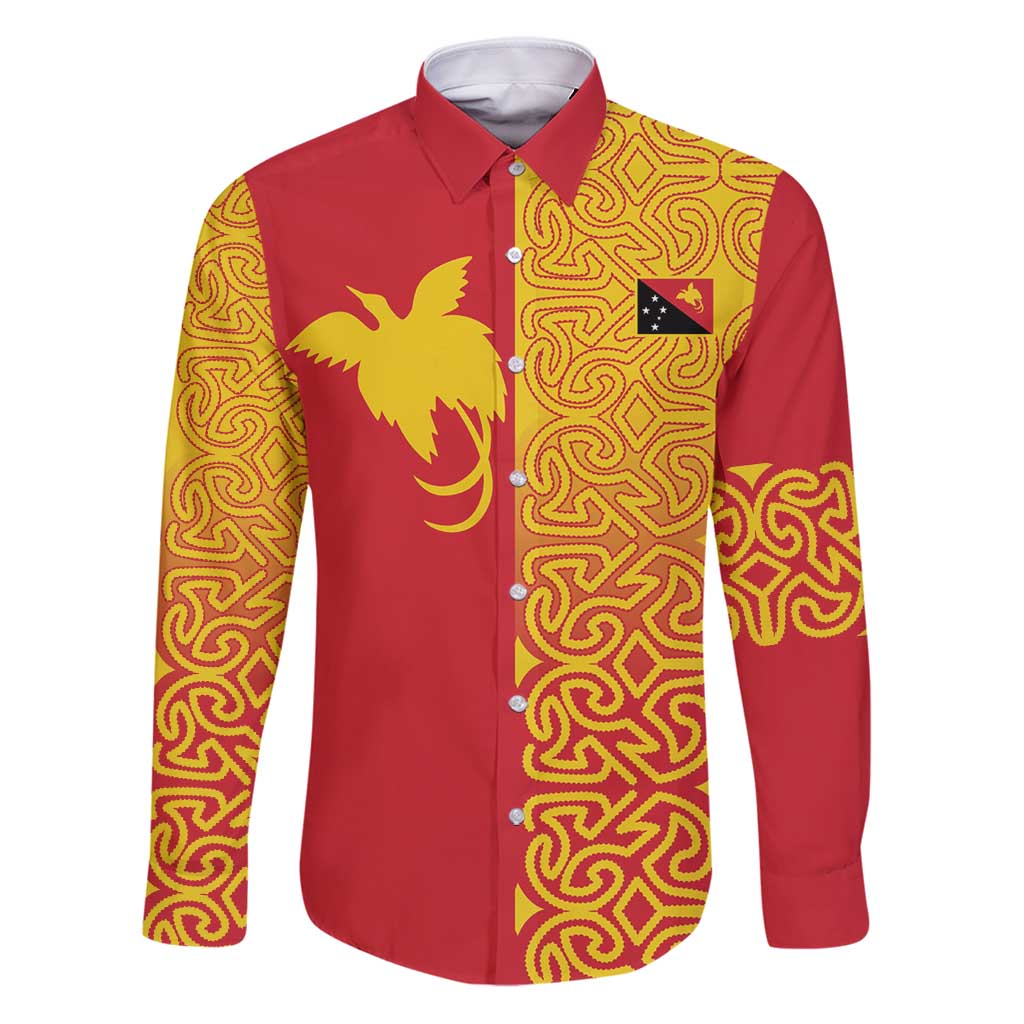 Papua New Guinea Oro Tapa Personalised Family Matching Puletasi and Hawaiian Shirt Simple Bird of Paradise Style LT9 Dad's Shirt - Long Sleeve Red - Polynesian Pride