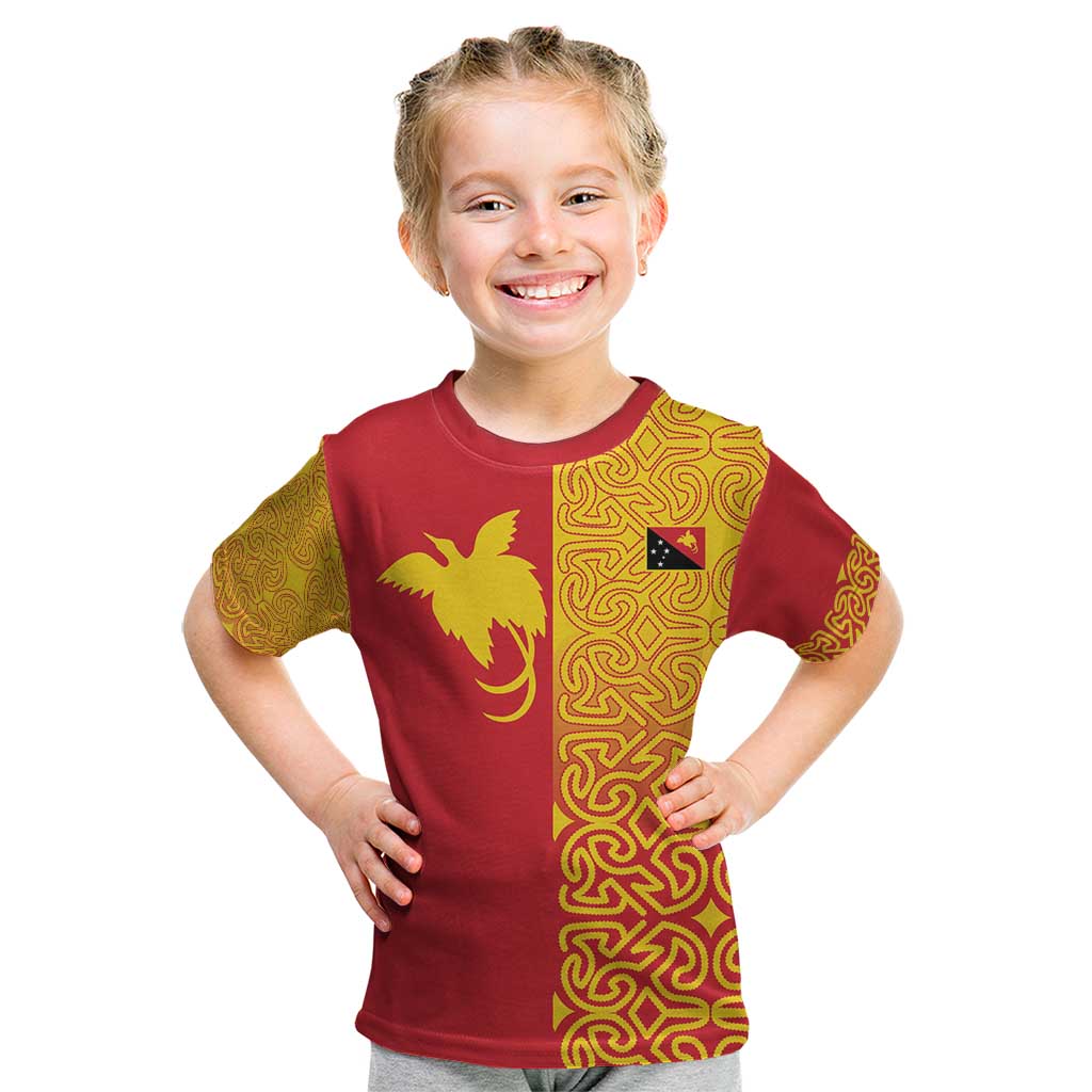 Papua New Guinea Oro Tapa Personalised Kid T Shirt Simple Bird of Paradise Style LT9 Red - Polynesian Pride