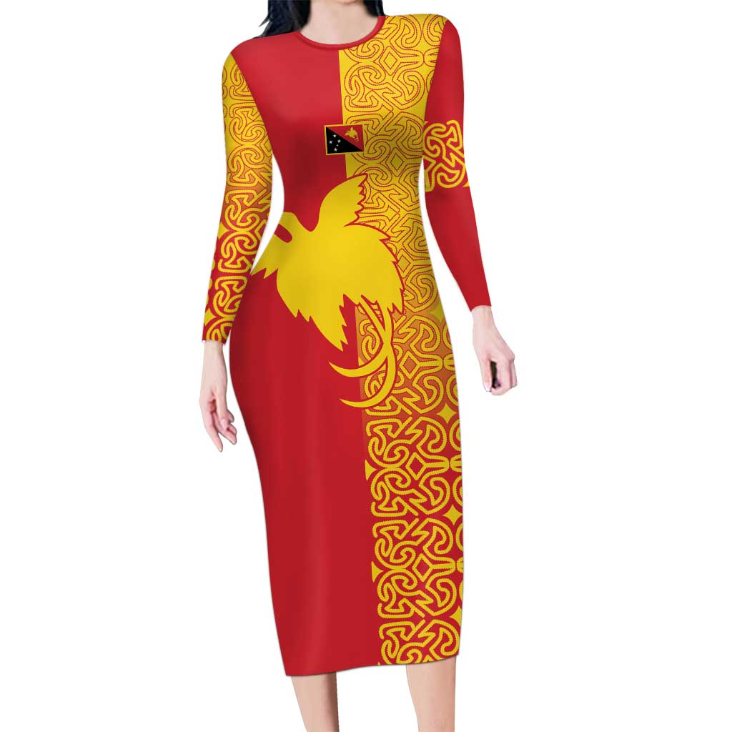 Papua New Guinea Oro Tapa Personalised Long Sleeve Bodycon Dress Simple Bird of Paradise Style - Polynesian Pride