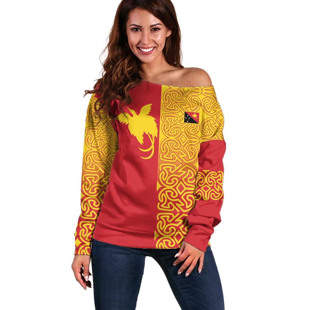 Papua New Guinea Oro Tapa Personalised Off Shoulder Sweater Simple Bird of Paradise Style LT9 Women Red - Polynesian Pride