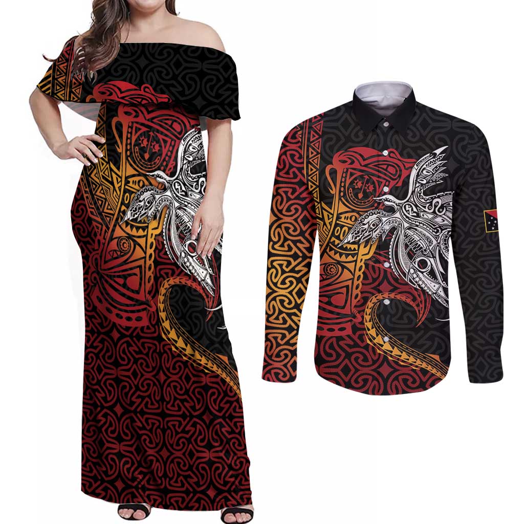 Papua New Guinea Sepik Personalised Couples Matching Off Shoulder Maxi Dress and Long Sleeve Button Shirt PNG Bird of Paradise Tattoo - Polynesian Pride