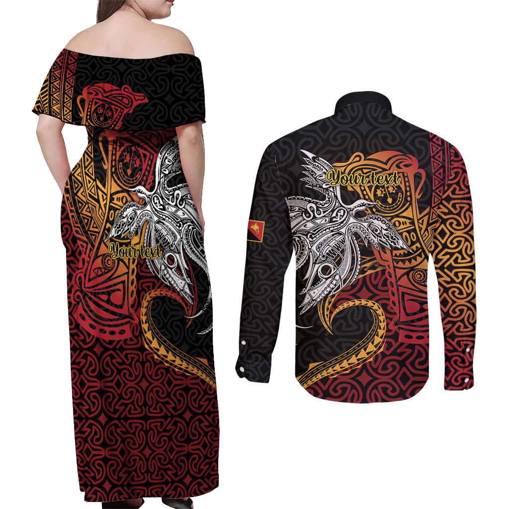 Papua New Guinea Sepik Personalised Couples Matching Off Shoulder Maxi Dress and Long Sleeve Button Shirt PNG Bird of Paradise Tattoo - Polynesian Pride