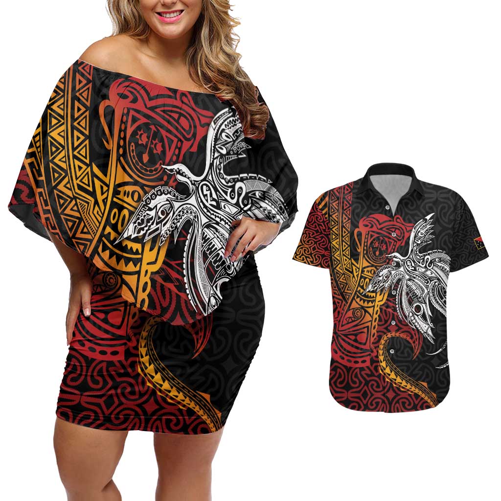 Papua New Guinea Sepik Personalised Couples Matching Off Shoulder Short Dress and Hawaiian Shirt PNG Bird of Paradise Tattoo - Polynesian Pride