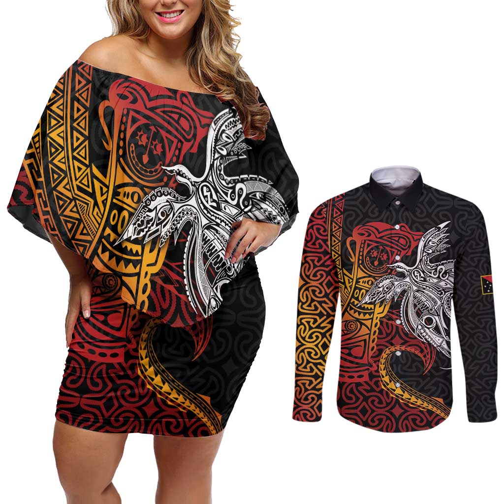 Papua New Guinea Sepik Personalised Couples Matching Off Shoulder Short Dress and Long Sleeve Button Shirt PNG Bird of Paradise Tattoo - Polynesian Pride