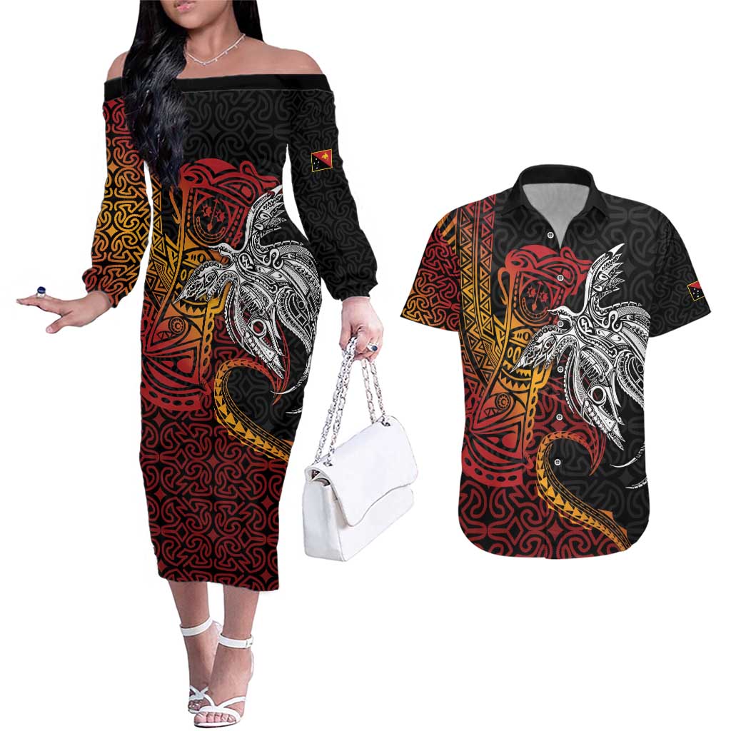 Papua New Guinea Sepik Personalised Couples Matching Off The Shoulder Long Sleeve Dress and Hawaiian Shirt PNG Bird of Paradise Tattoo - Polynesian Pride