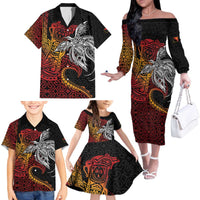 Papua New Guinea Sepik Personalised Family Matching Off The Shoulder Long Sleeve Dress and Hawaiian Shirt PNG Bird of Paradise Tattoo - Polynesian Pride