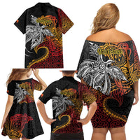 Papua New Guinea Sepik Personalised Family Matching Off Shoulder Short Dress and Hawaiian Shirt PNG Bird of Paradise Tattoo - Polynesian Pride