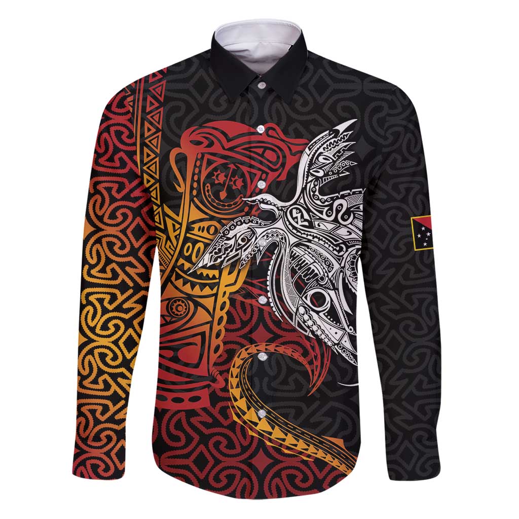 Papua New Guinea Sepik Personalised Family Matching Puletasi and Hawaiian Shirt PNG Bird of Paradise Tattoo LT9 Dad's Shirt - Long Sleeve Black - Polynesian Pride