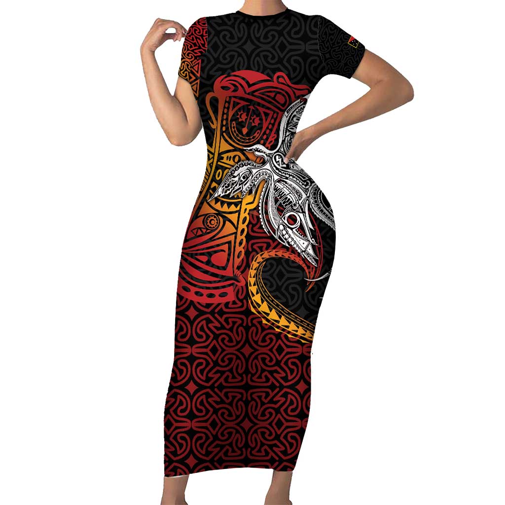 Papua New Guinea Sepik Personalised Family Matching Short Sleeve Bodycon Dress and Hawaiian Shirt PNG Bird of Paradise Tattoo - Polynesian Pride