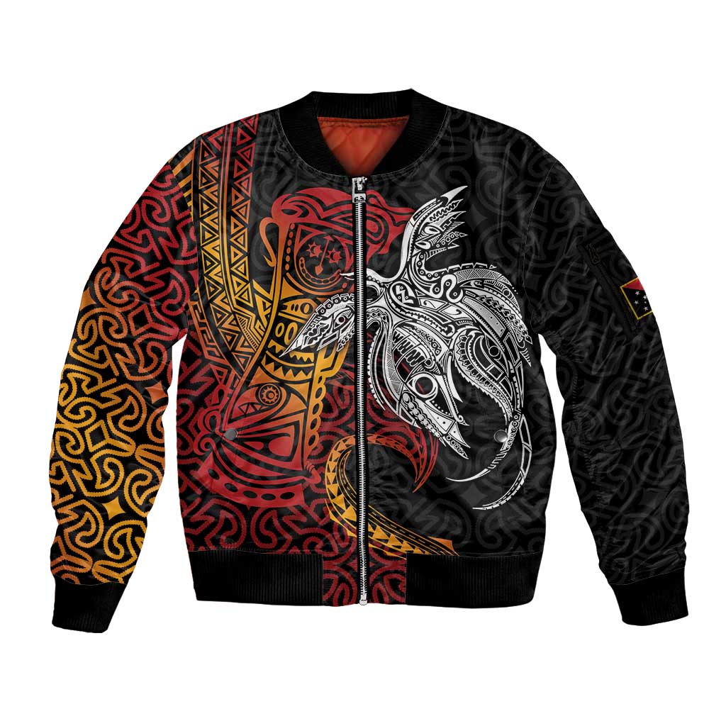 Papua New Guinea Sepik Personalised Sleeve Zip Bomber Jacket PNG Bird of Paradise Tattoo LT9 Unisex Black - Polynesian Pride